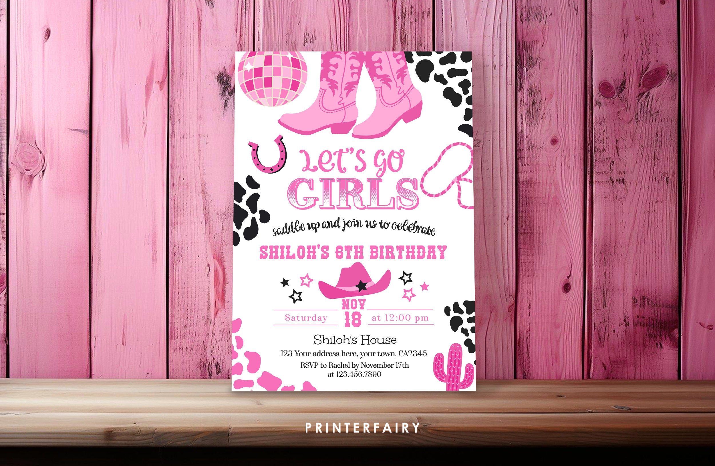 Editable Disco Cowgirl Birthday Invitation, Rhinestone Boots (Digital Item)