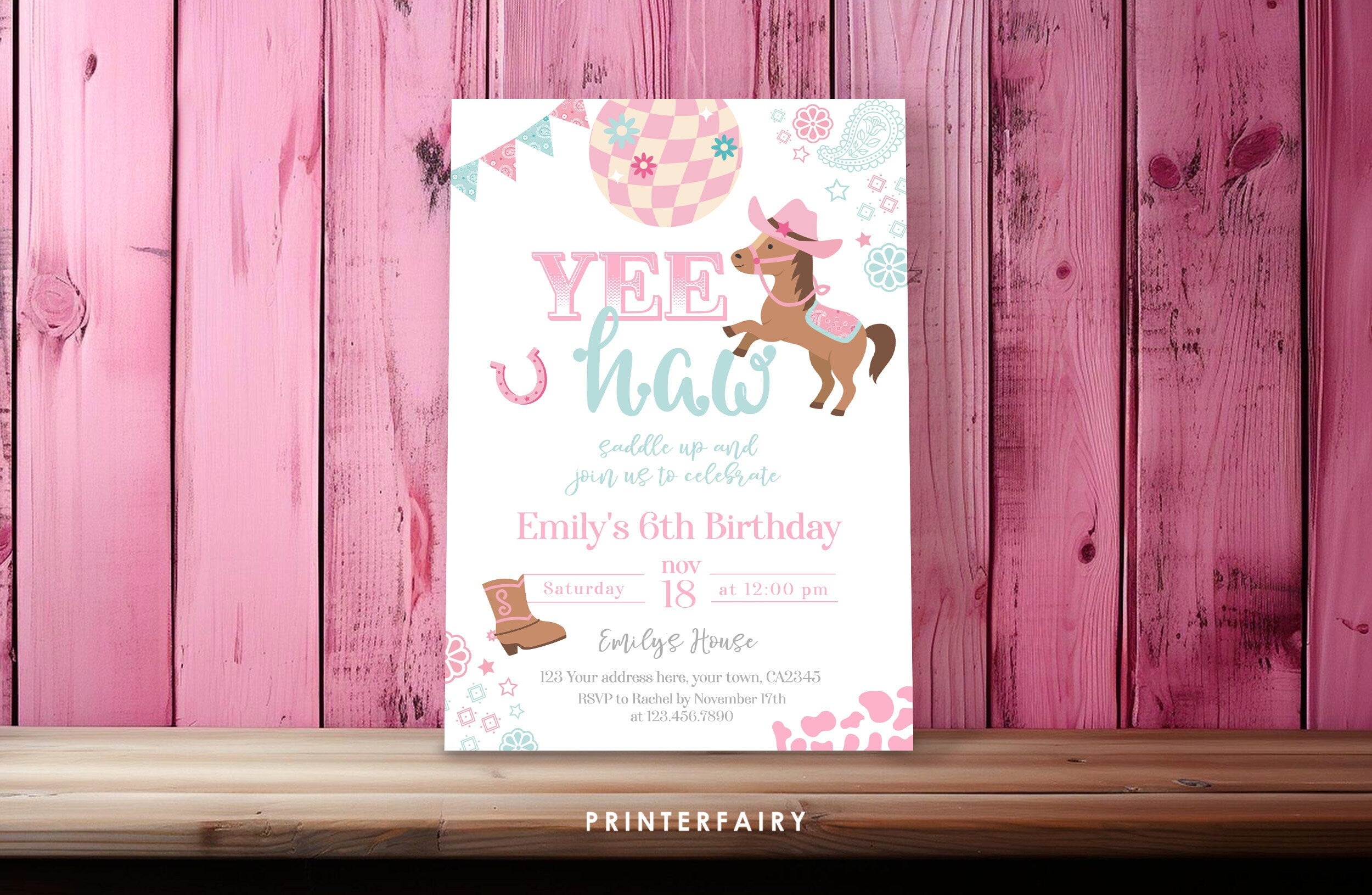 Disco Cowgirl Birthday Invitation, Horse Party, Editable (Digital Download)