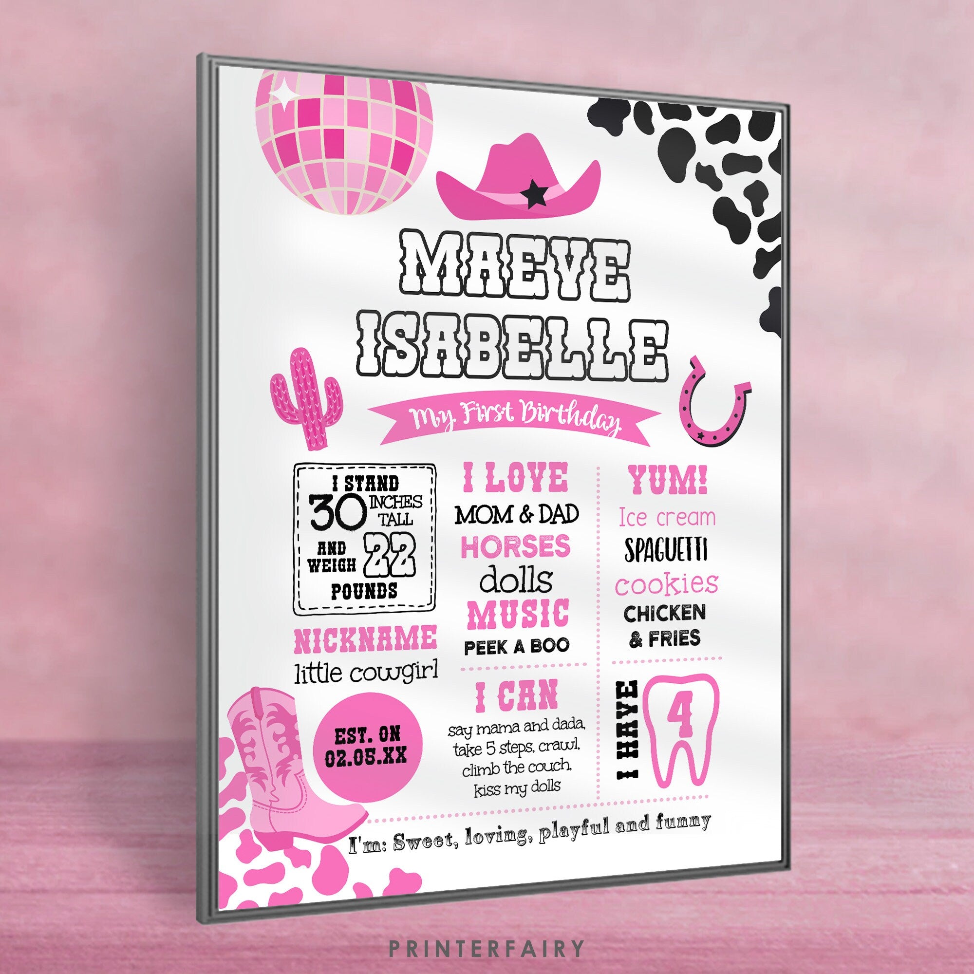Disco Cowgirl First Birthday Milestones Board, Editable Prints (Digital Download)