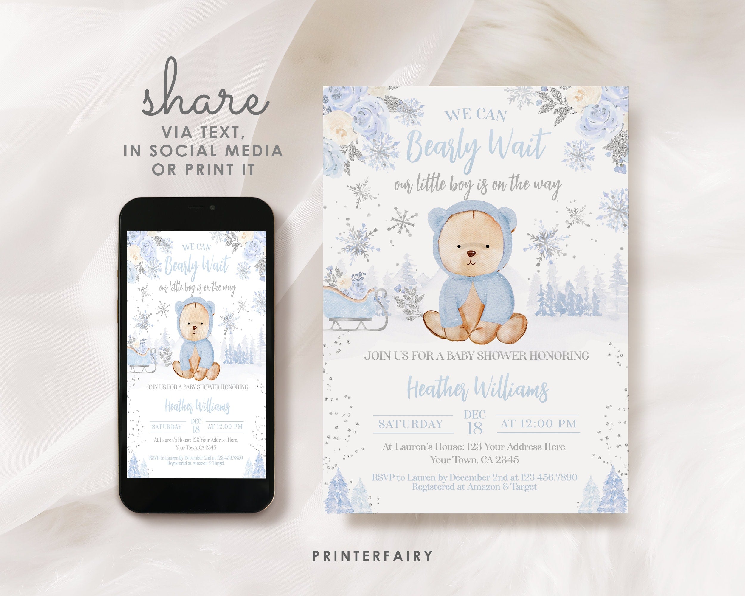 Bear Baby Shower Invitation Editable Template, Winter Shower, Instant Download