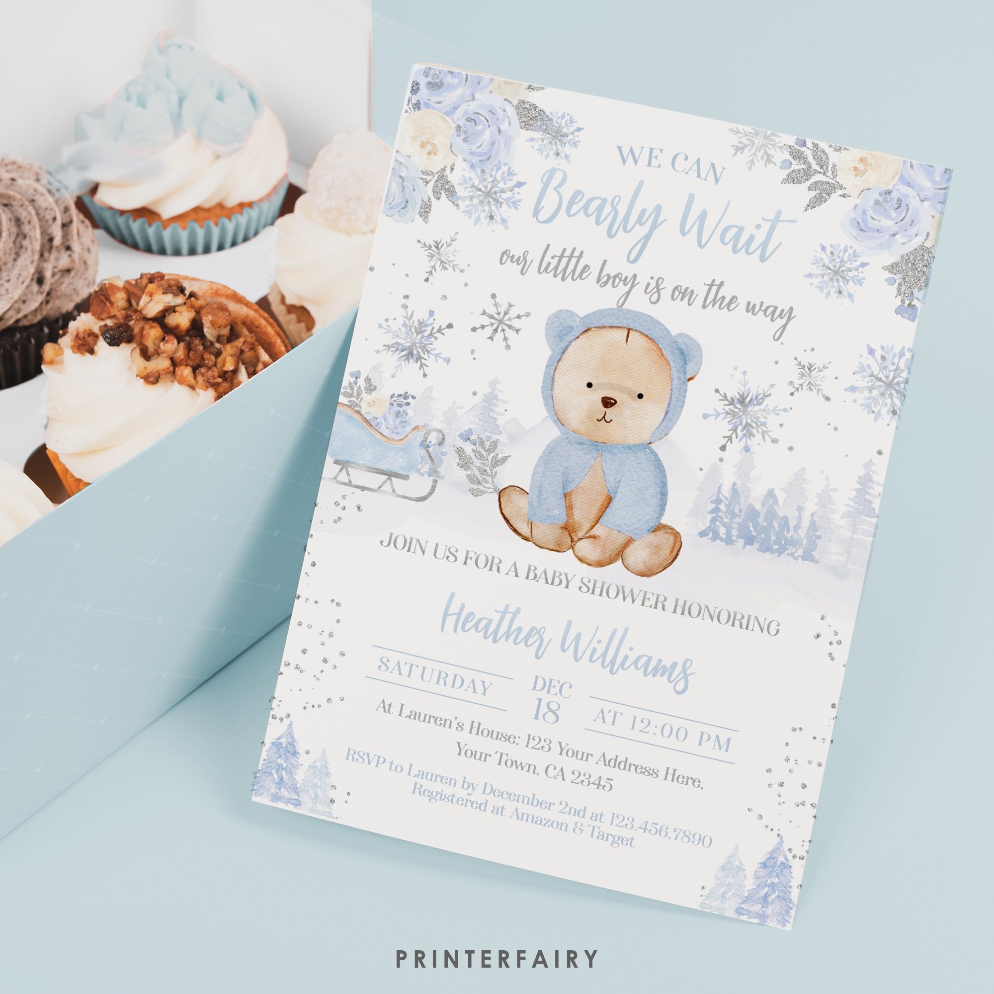 Bear Baby Shower Invitation Editable Template, Winter Shower, Instant Download