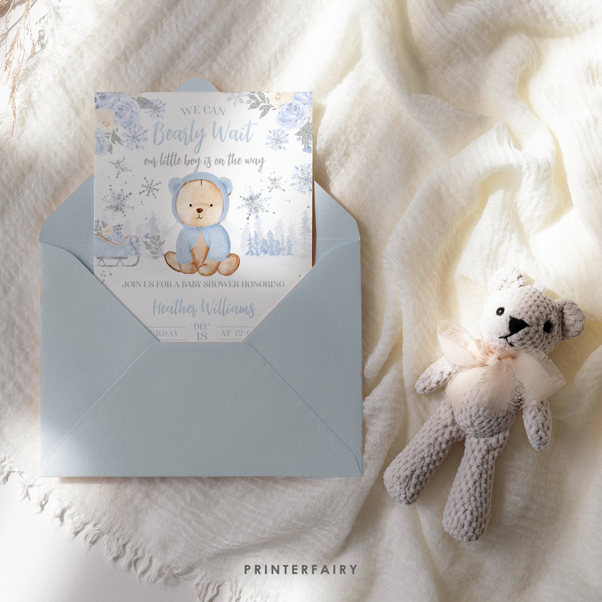 Bear Baby Shower Invitation Editable Template, Winter Shower, Instant Download
