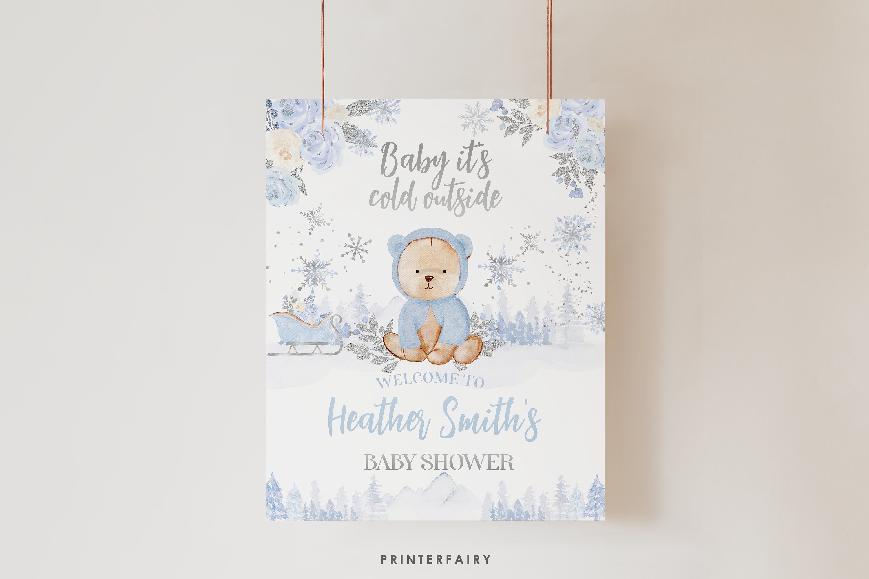 Winter Wonderland Baby Shower Welcome Sign, Teddy Bear Theme (Editable in Corjl)