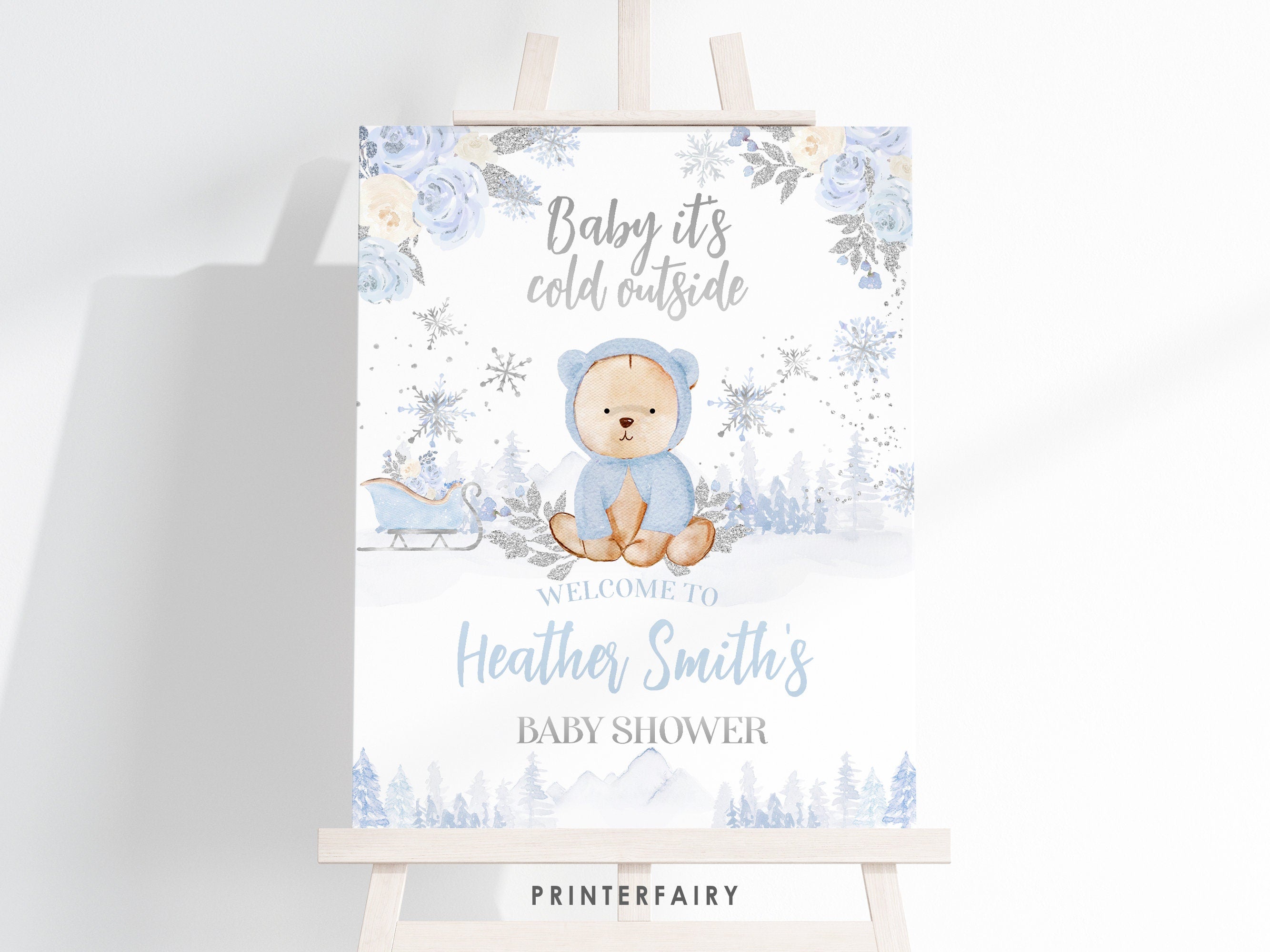 Winter Wonderland Baby Shower Welcome Sign, Teddy Bear Theme (Editable in Corjl)