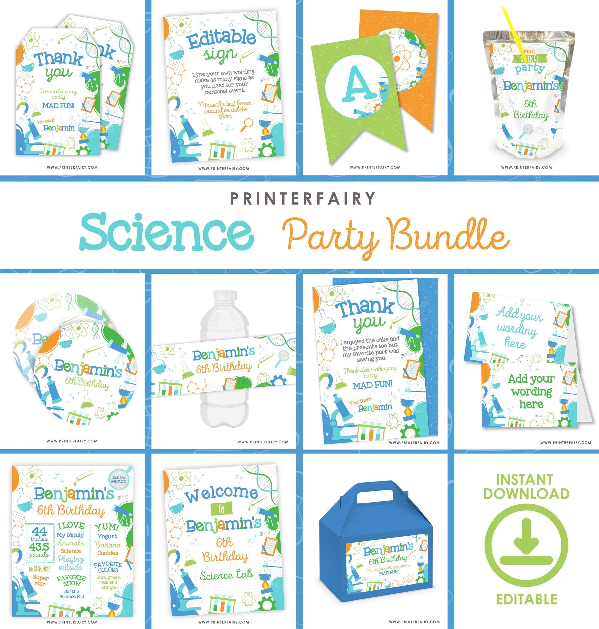Science Birthday Party Bundle Editable Templates, Invitation, Printable Decorations, Instant Download