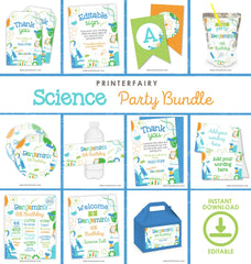 Science Birthday Party Bundle Editable Templates, Invitation, Printable Decorations, Instant Download