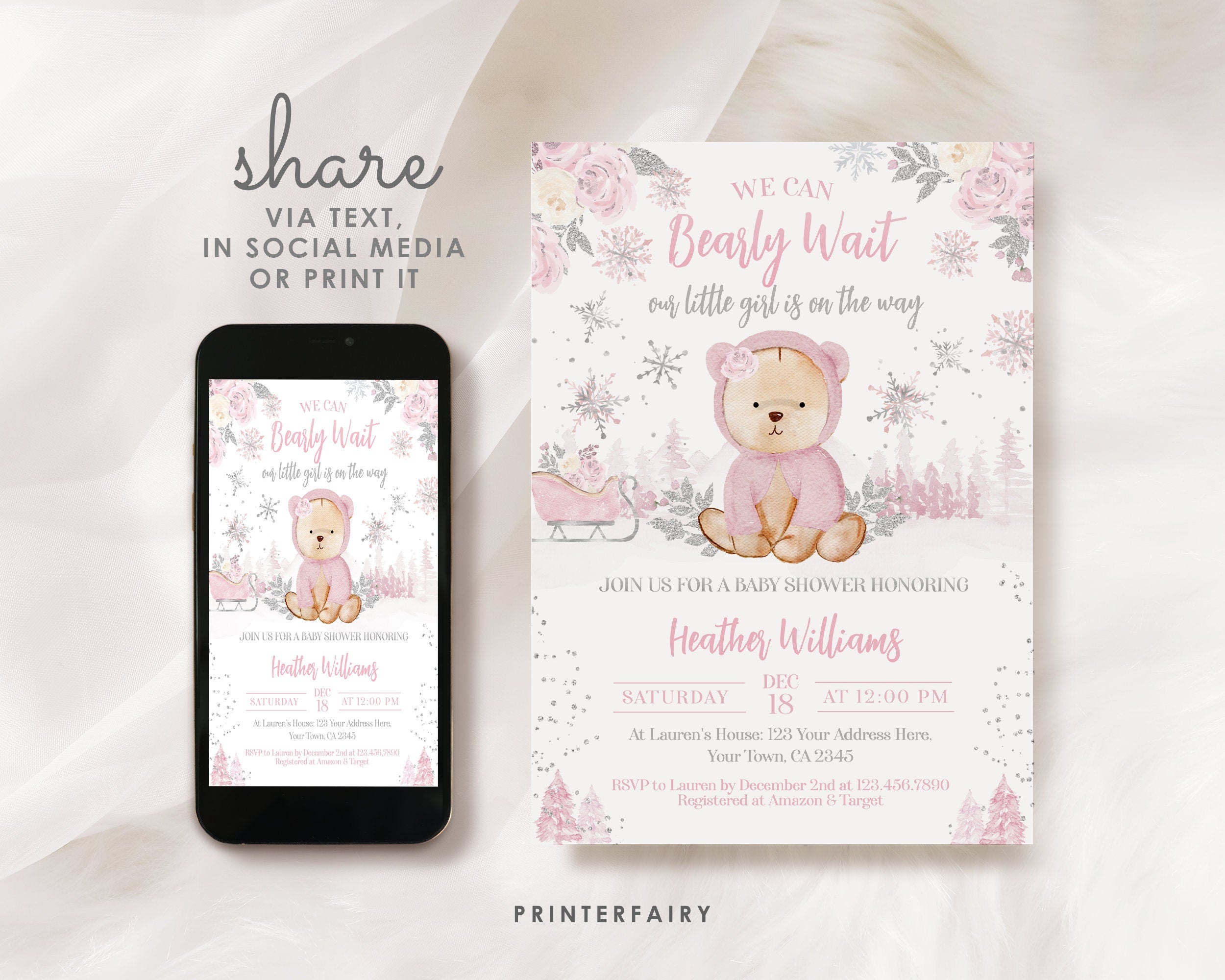 Winter Wonderland Teddy Bear Baby Shower Invitation (Digital Download)