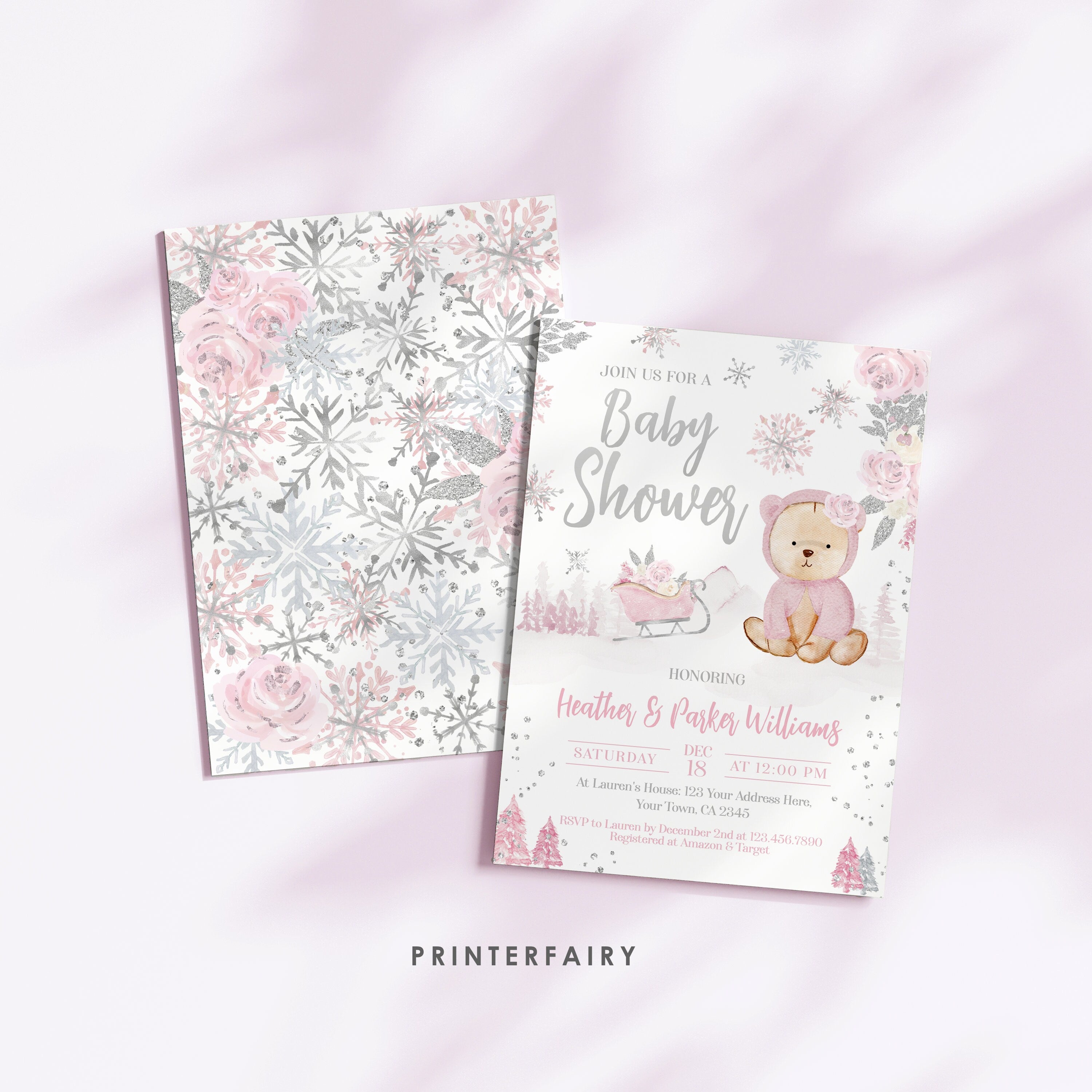 Winter Bear Baby Shower Invitation, Editable Template (Digital Download)