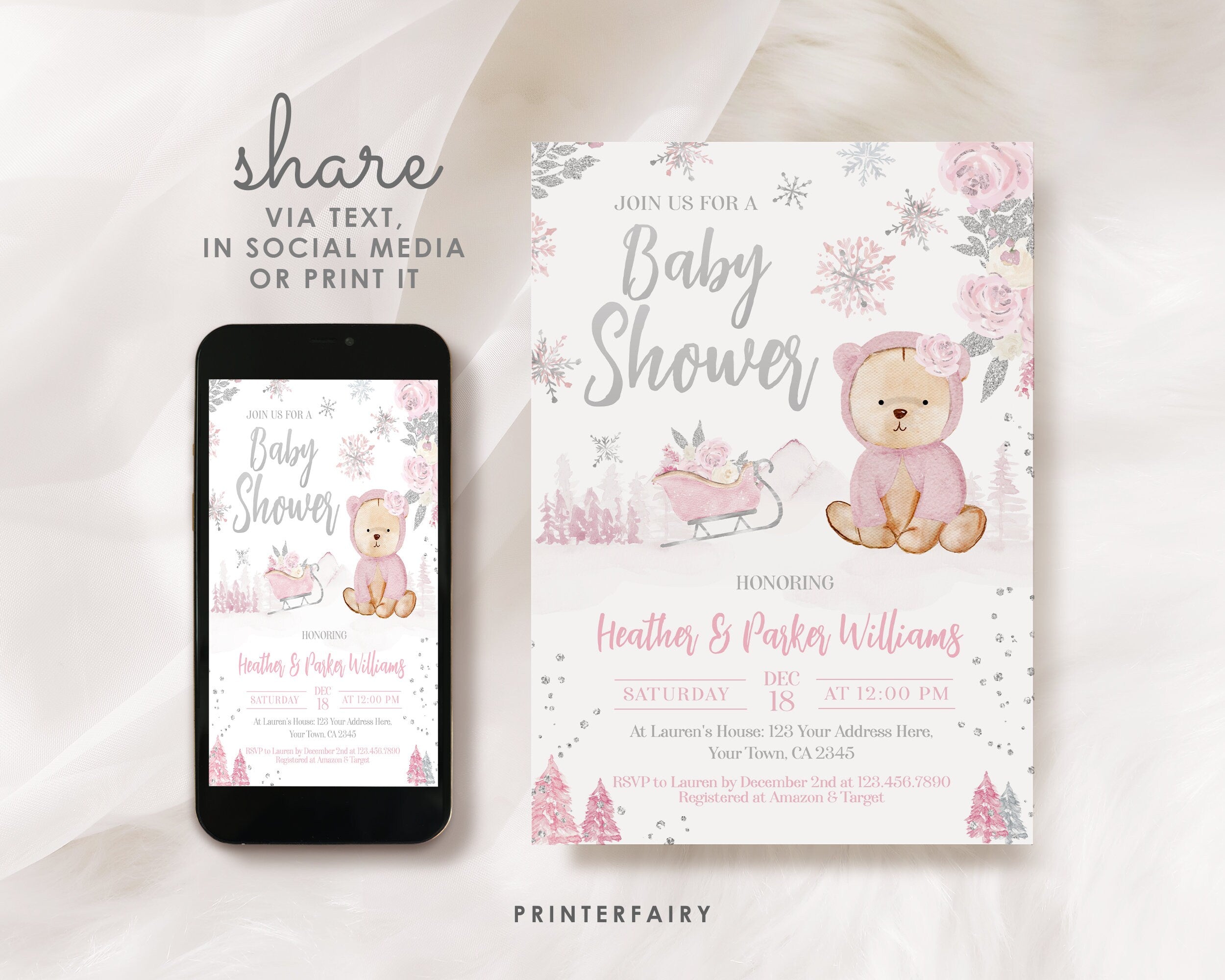 Winter Bear Baby Shower Invitation, Editable Template (Digital Download)