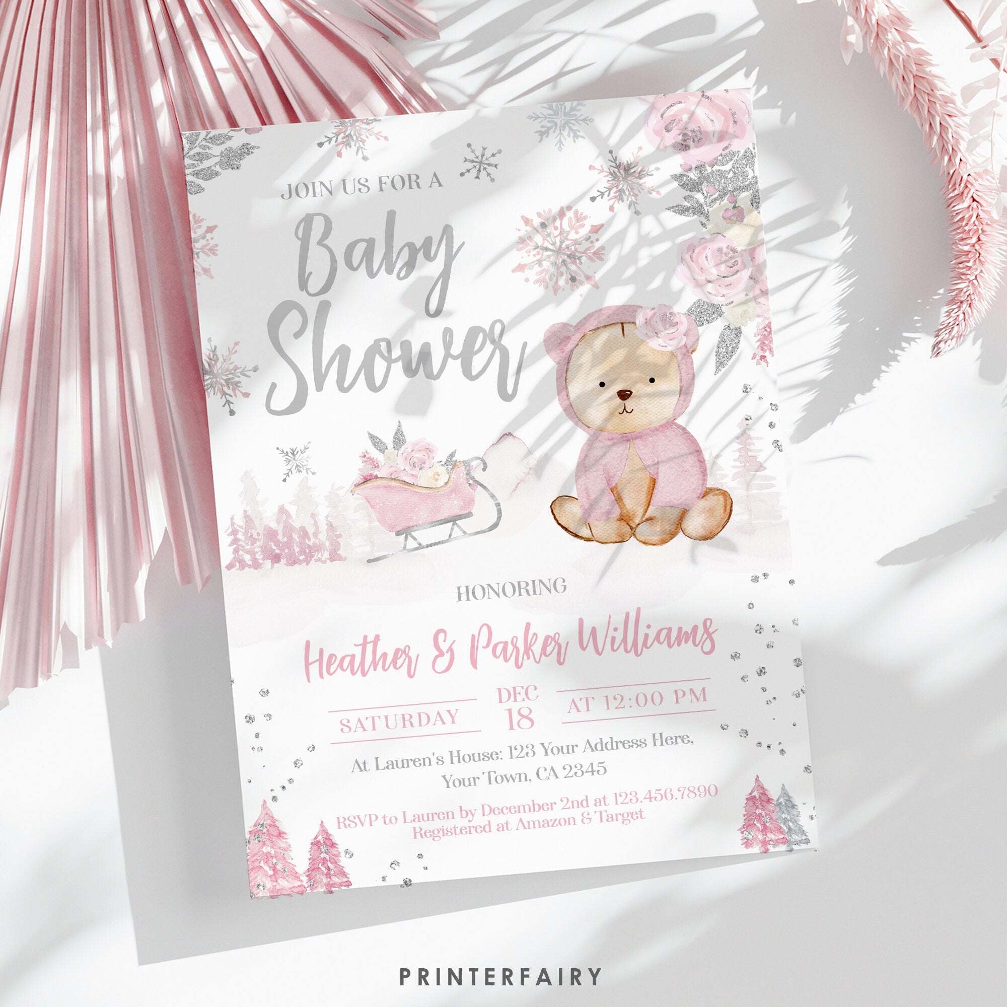 Winter Bear Baby Shower Invitation, Editable Template (Digital Download)