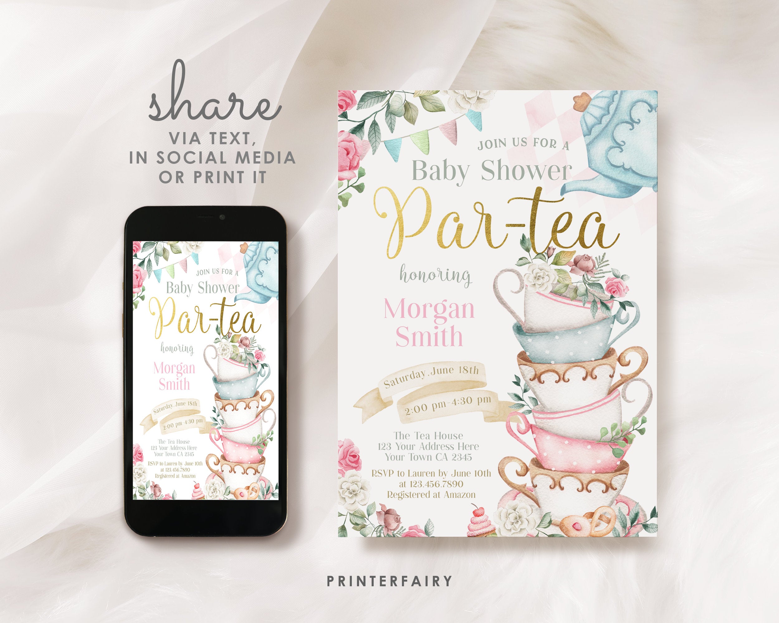 Wonderland Tea Party Baby Shower Invitation, Editable Par-Tea Invite (Digital Download)