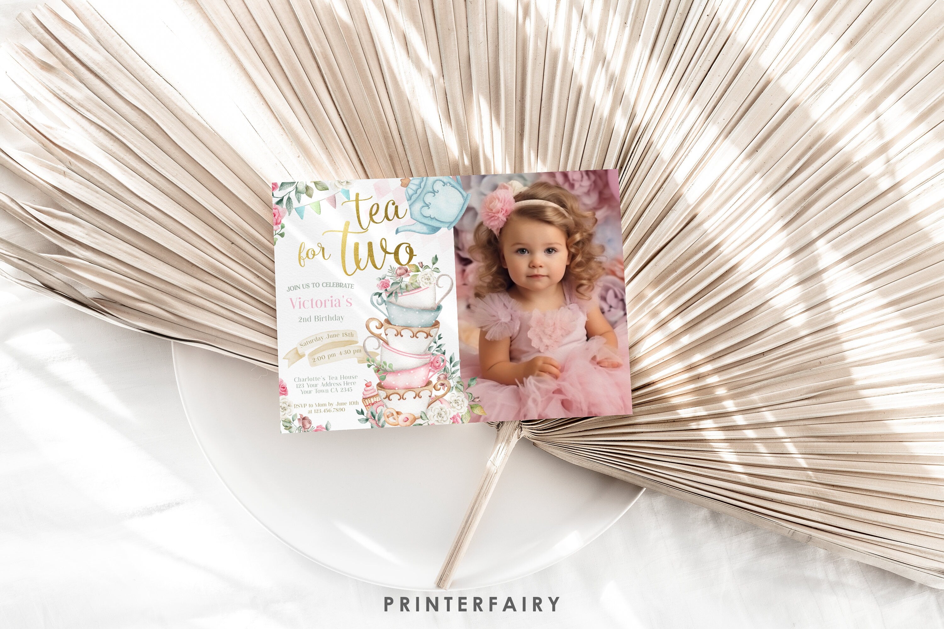 Tea Party Photo Invitation, Wonderland Birthday, Editable Corjl Template