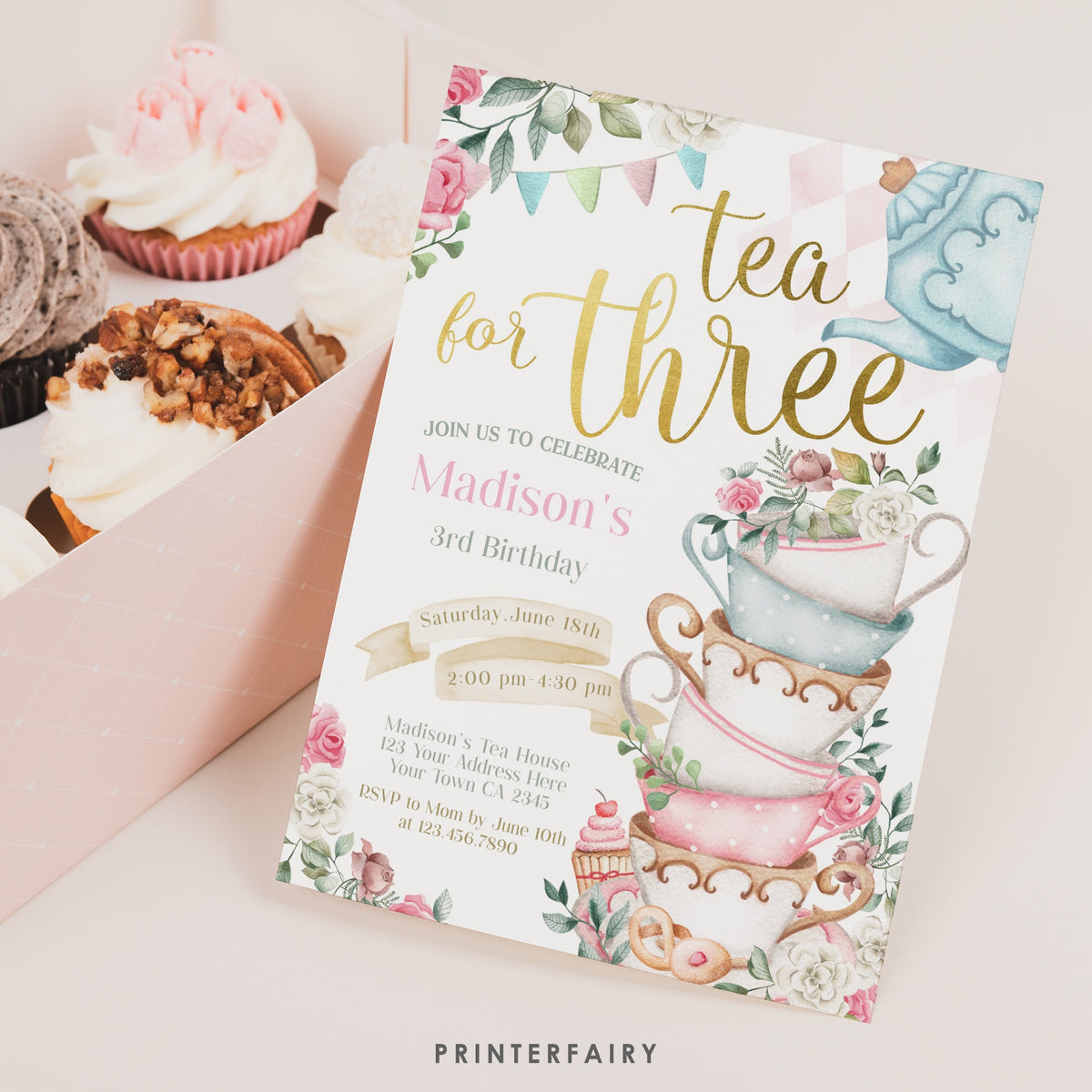 Tea for Three Birthday Invitation, Editable Wonderland Party (Digital Download)