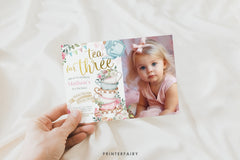 Tea Party Third Birthday Invitation, Wonderland Photo Invite (Editable in Corjl)