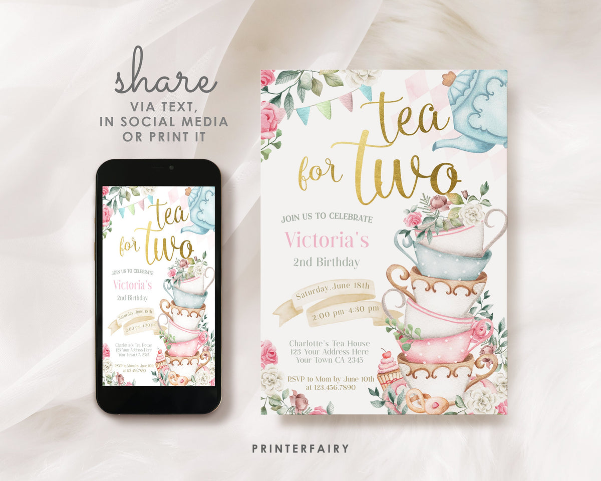 Alice in Wonderland Birthday Invitation, Tea Party, Editable in Corjl