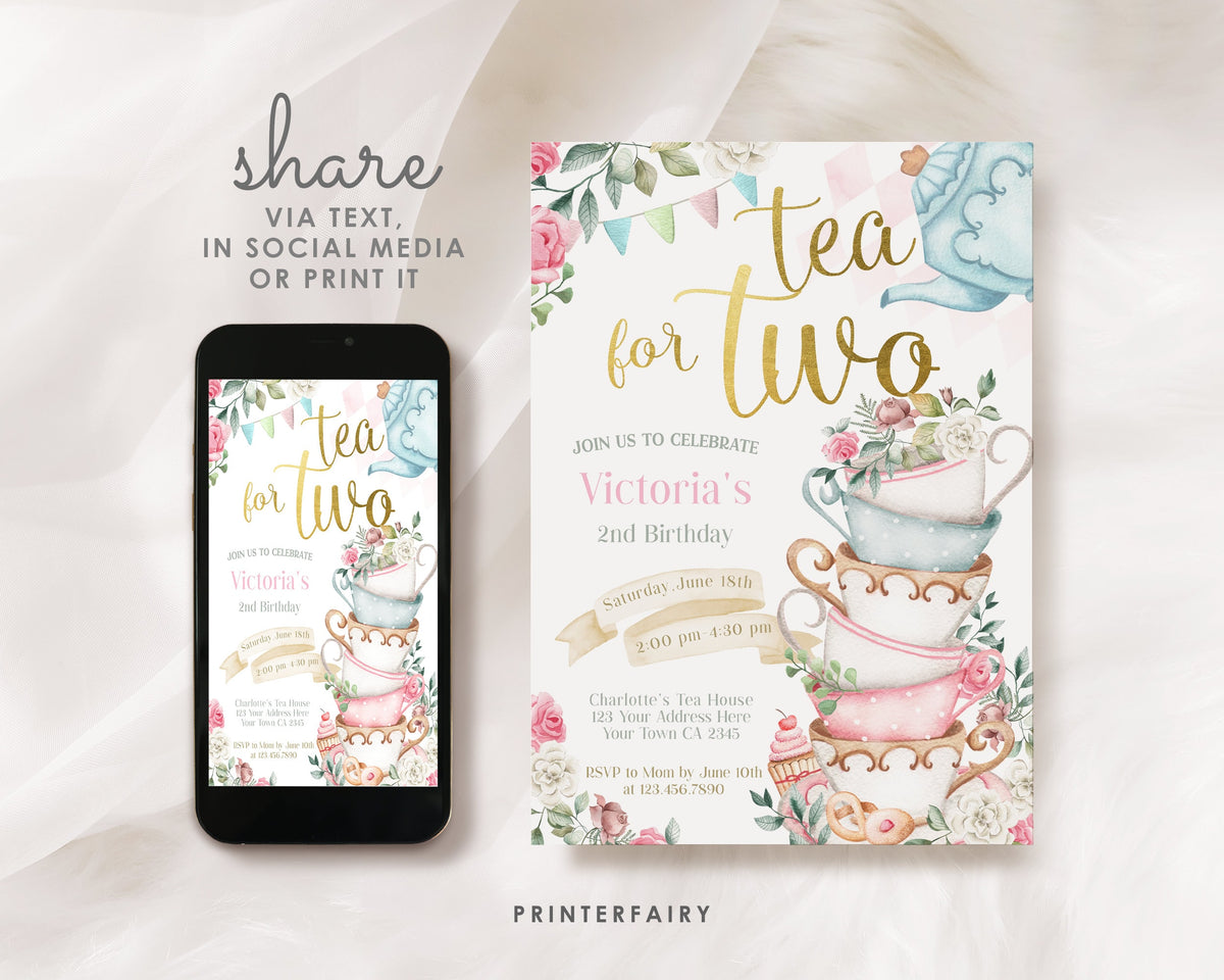 Alice in Wonderland Birthday Invitation, Tea Party, Editable in Corjl