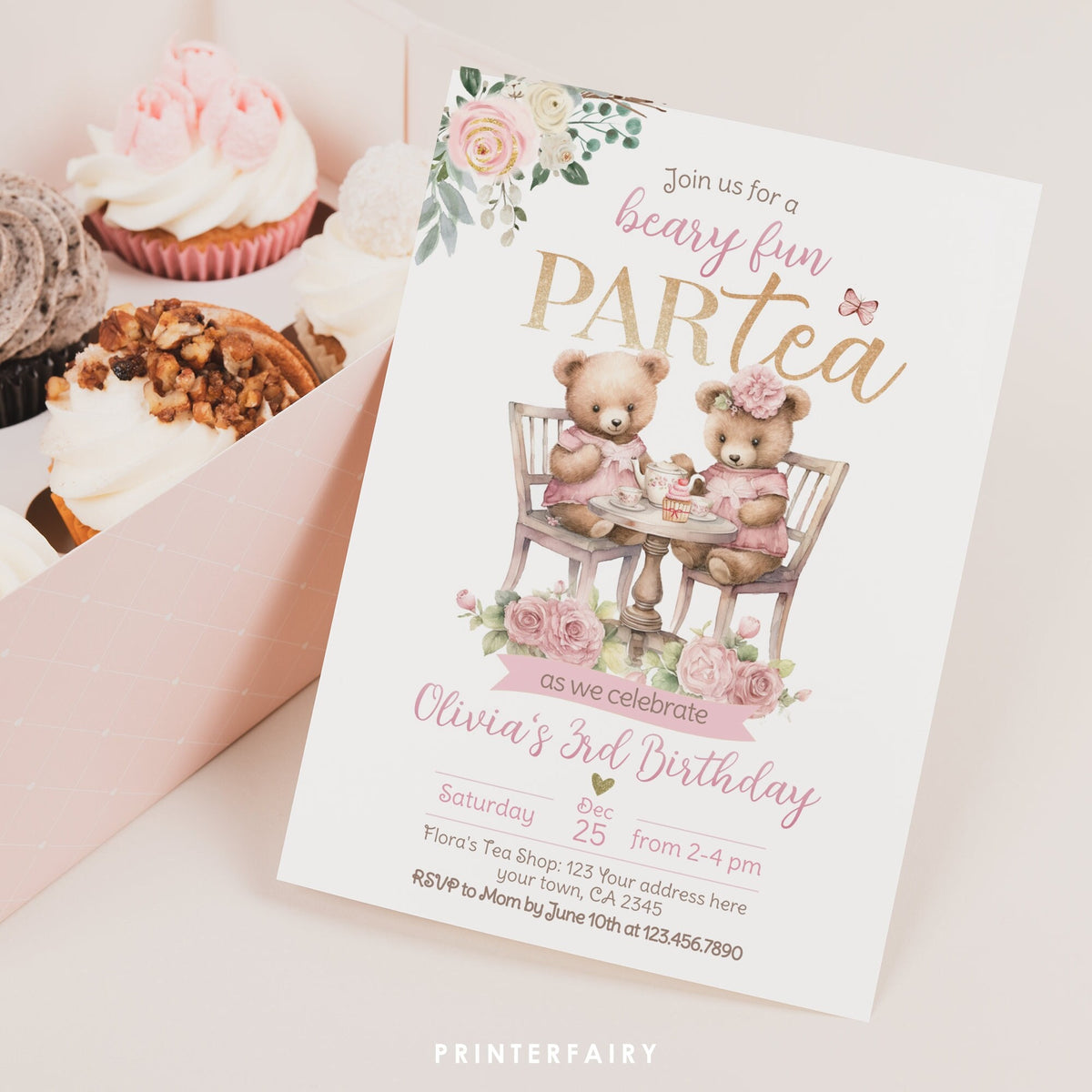 Tea Party with Bears Invitation, Birthday Party Invite, Bear Par-tea, Editable in Corjl.