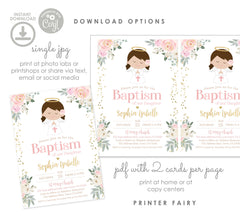 Angel Baptism Invitation, Floral, Pink and Gold, Editable Template (Digital Download)
