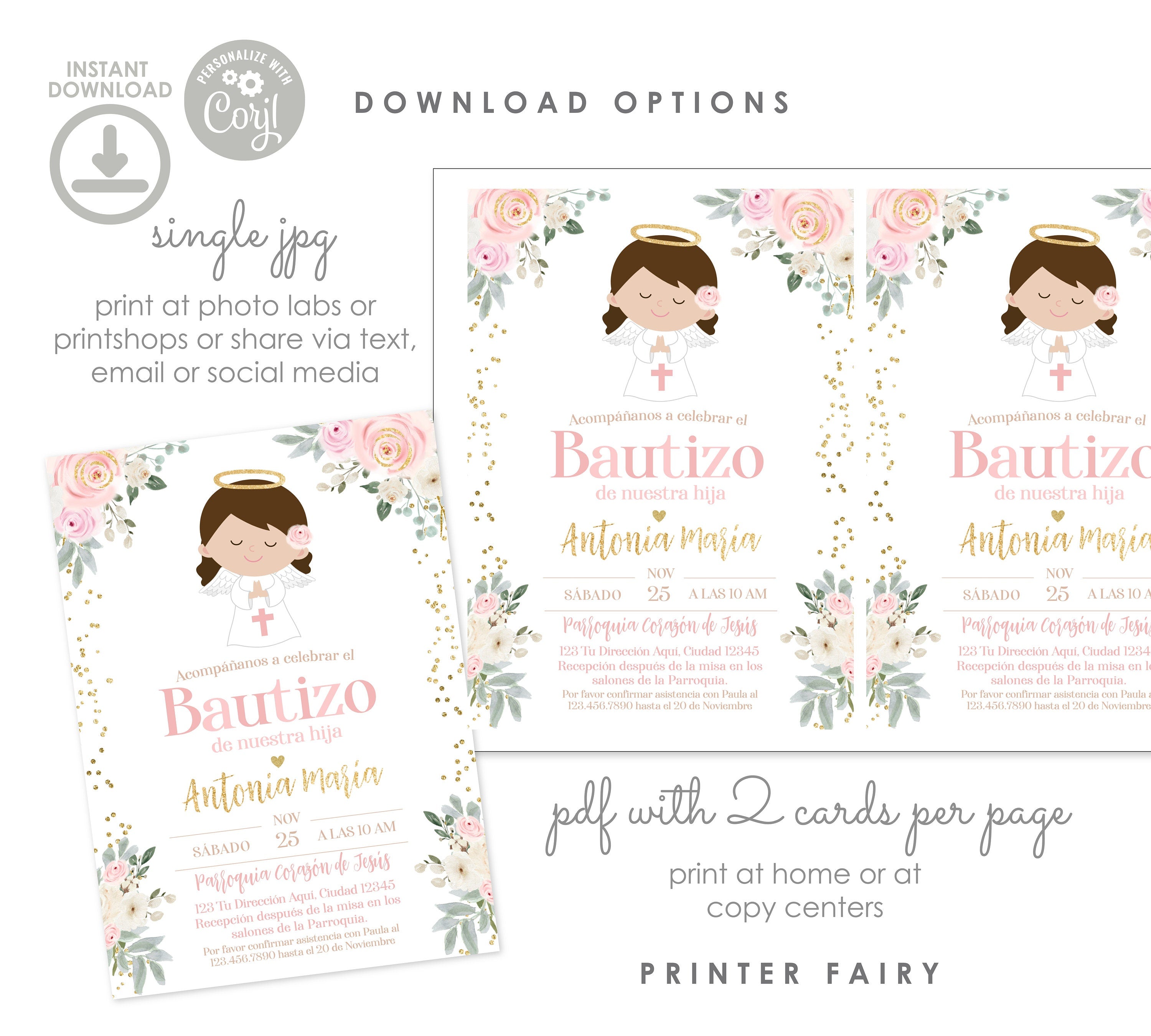 Angel Bautizo Invitation Girl, Editable Spanish Template (Digital)