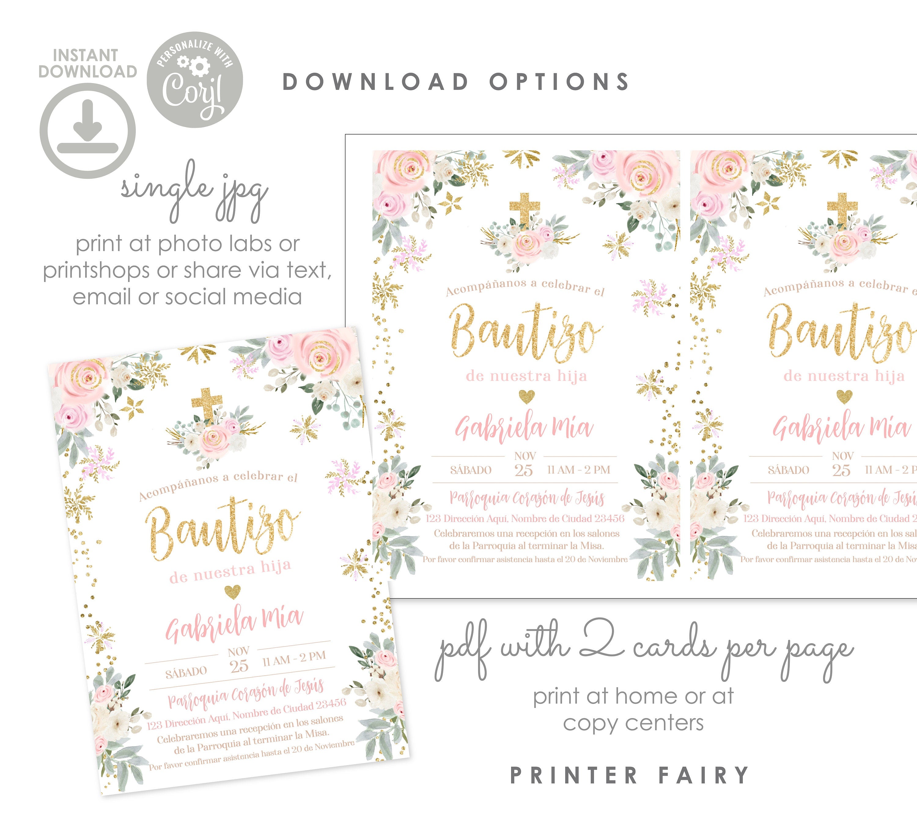 Floral Baptism Invitation for Girls – Pink Winter Wonderland (Digital Download)