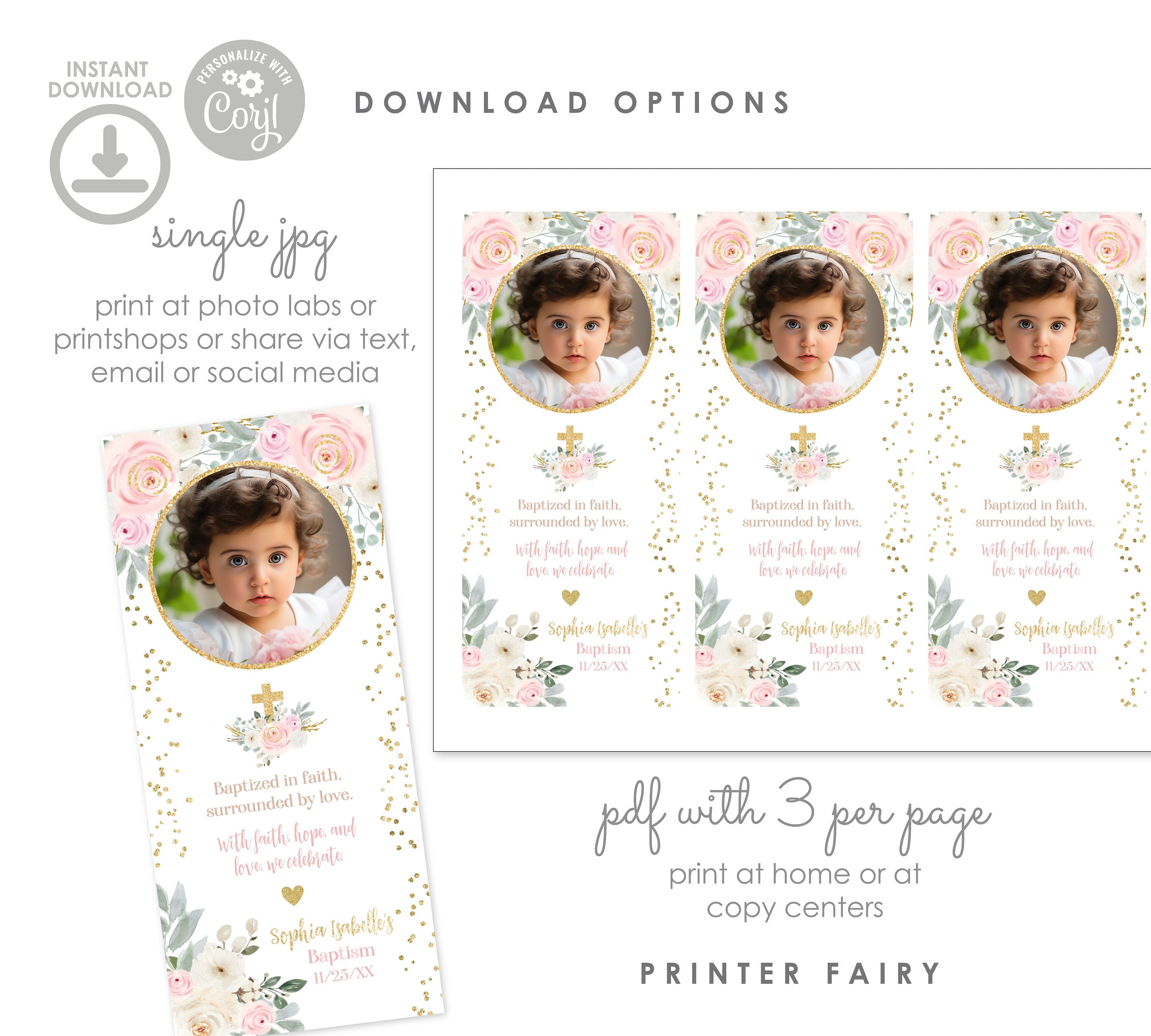 Floral Baptism Bookmark, Editable Keepsake (Instant Download)