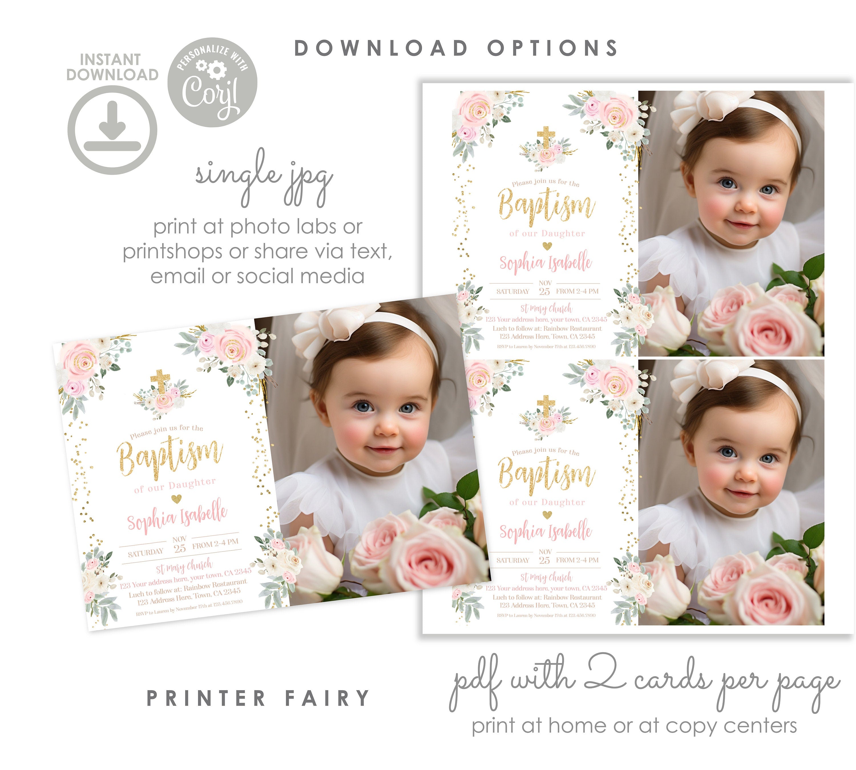 Baptism Invitation for Girls - Customizable and Digital Invite with Picture INSTANT DOWNLOAD
