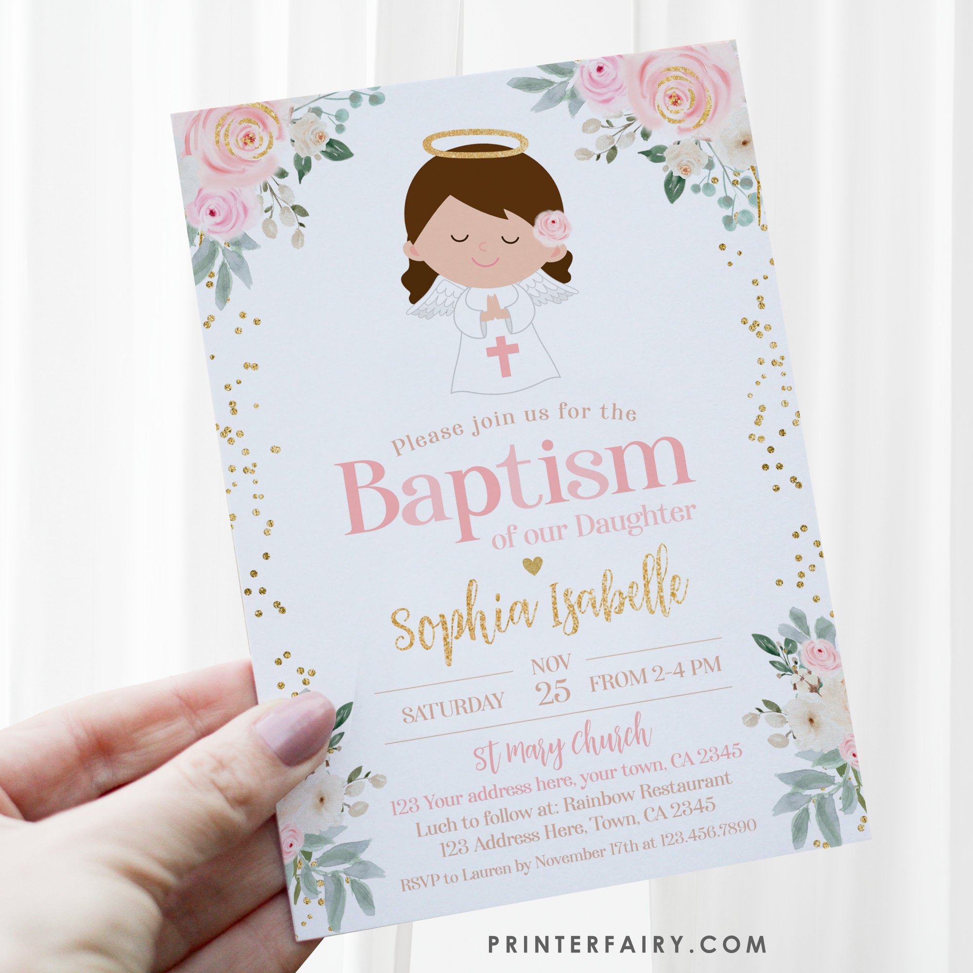 Angel Baptism Invitation, Floral, Pink and Gold, Editable Template (Digital Download)