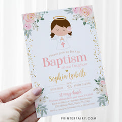 Angel Baptism Invitation, Floral, Pink and Gold, Editable Template (Digital Download)