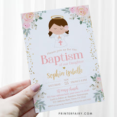 Angel Baptism Invitation, Floral, Pink and Gold, Editable Template (Digital Download)
