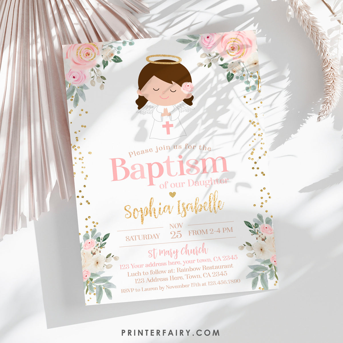 Angel Baptism Invitation, Floral, Pink and Gold, Editable Template (Digital Download)