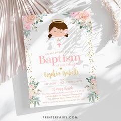 Angel Baptism Invitation, Floral, Pink and Gold, Editable Template (Digital Download)