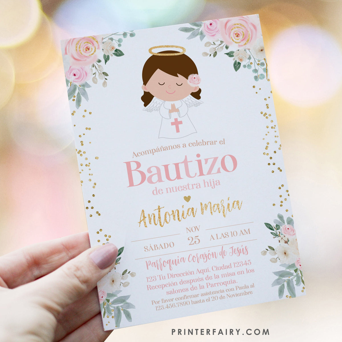 Angel Bautizo Invitation Girl, Editable Spanish Template (Digital)
