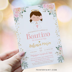 Angel Bautizo Invitation Girl, Editable Spanish Template (Digital)