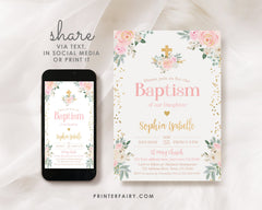 Pink Floral Baptism Invitation – Editable Girl's Invitation (Digital File)