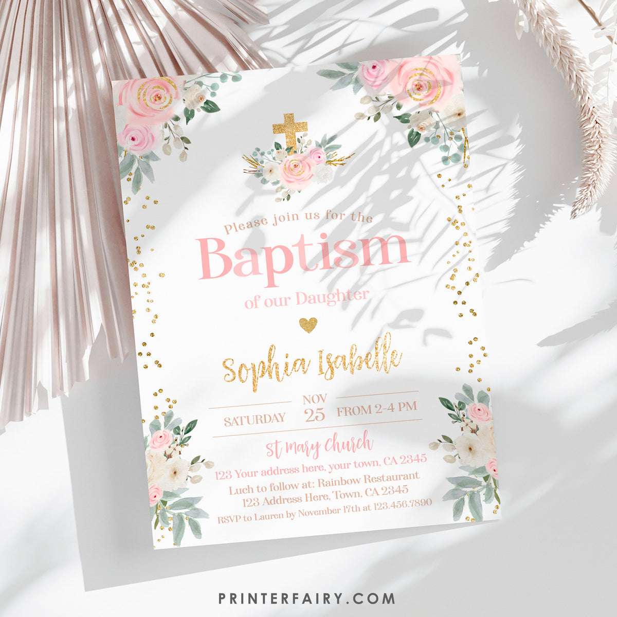 Pink Floral Baptism Invitation – Editable Girl's Invitation (Digital File)