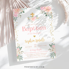 Pink Floral Baptism Invitation – Editable Girl's Invitation (Digital File)