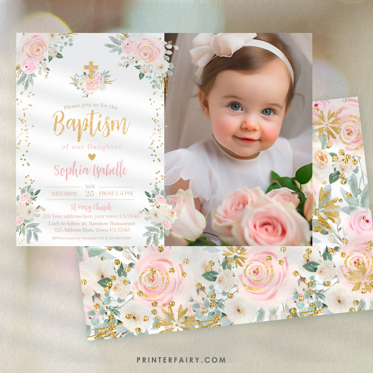Baptism Invitation for Girls - Customizable and Digital Invite with Picture INSTANT DOWNLOAD