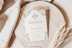 Floral Baptism Invitation, Elegant White Flowers (Digital Download)