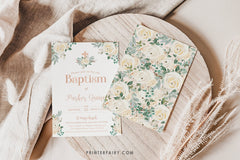 Floral Baptism Invitation, Elegant White Flowers (Digital Download)