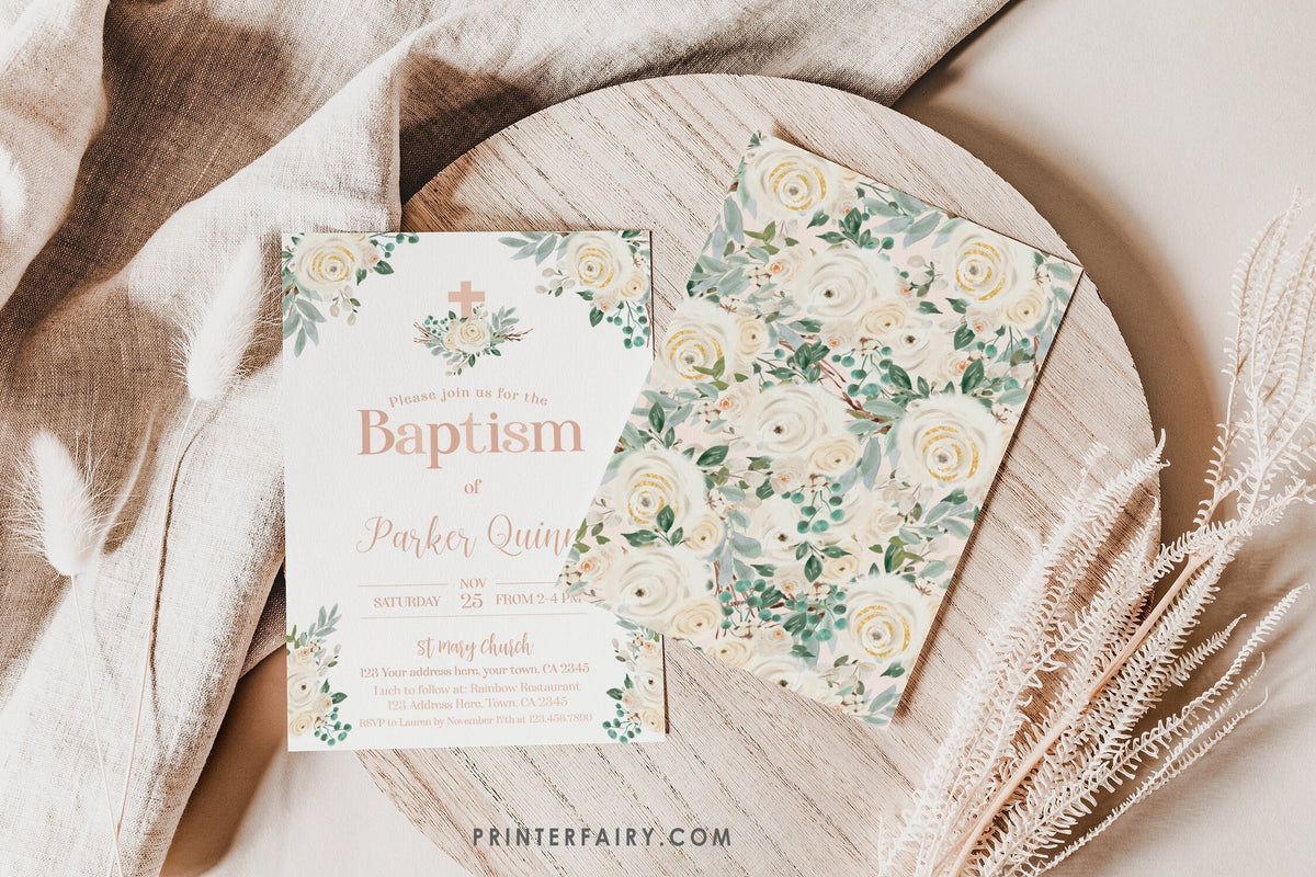 Floral Baptism Invitation, Elegant White Flowers (Digital Download)