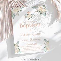 Floral Baptism Invitation, Elegant White Flowers (Digital Download)