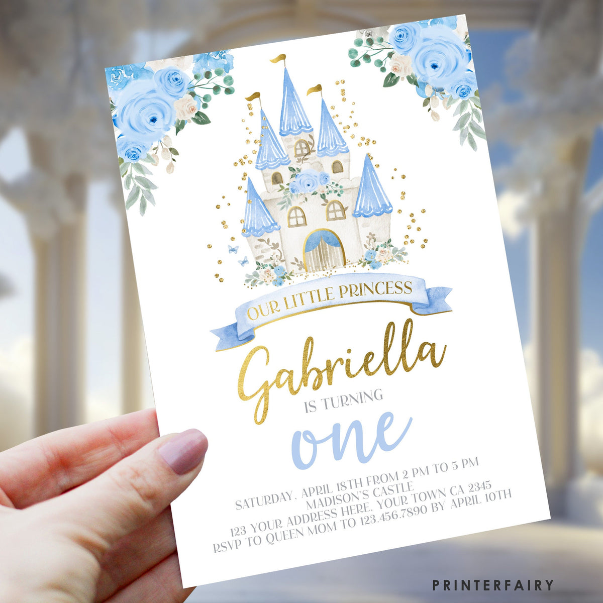 Blue Princess Castle First Birthday Invitation, Editable in Corjl