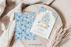 Blue Princess Castle First Birthday Invitation, Editable in Corjl
