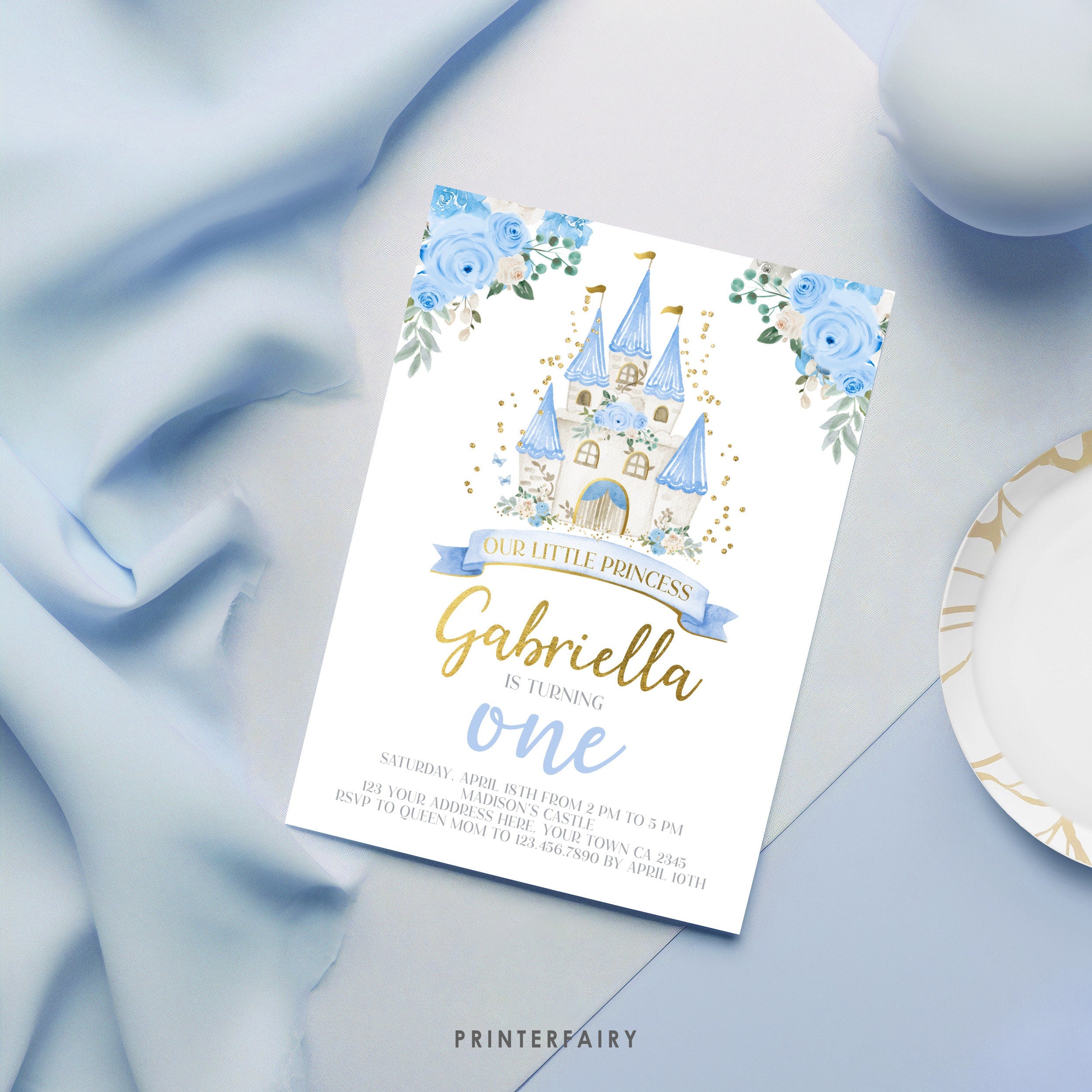 Blue Princess Castle First Birthday Invitation, Editable in Corjl