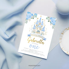 Blue Princess Castle First Birthday Invitation, Editable in Corjl