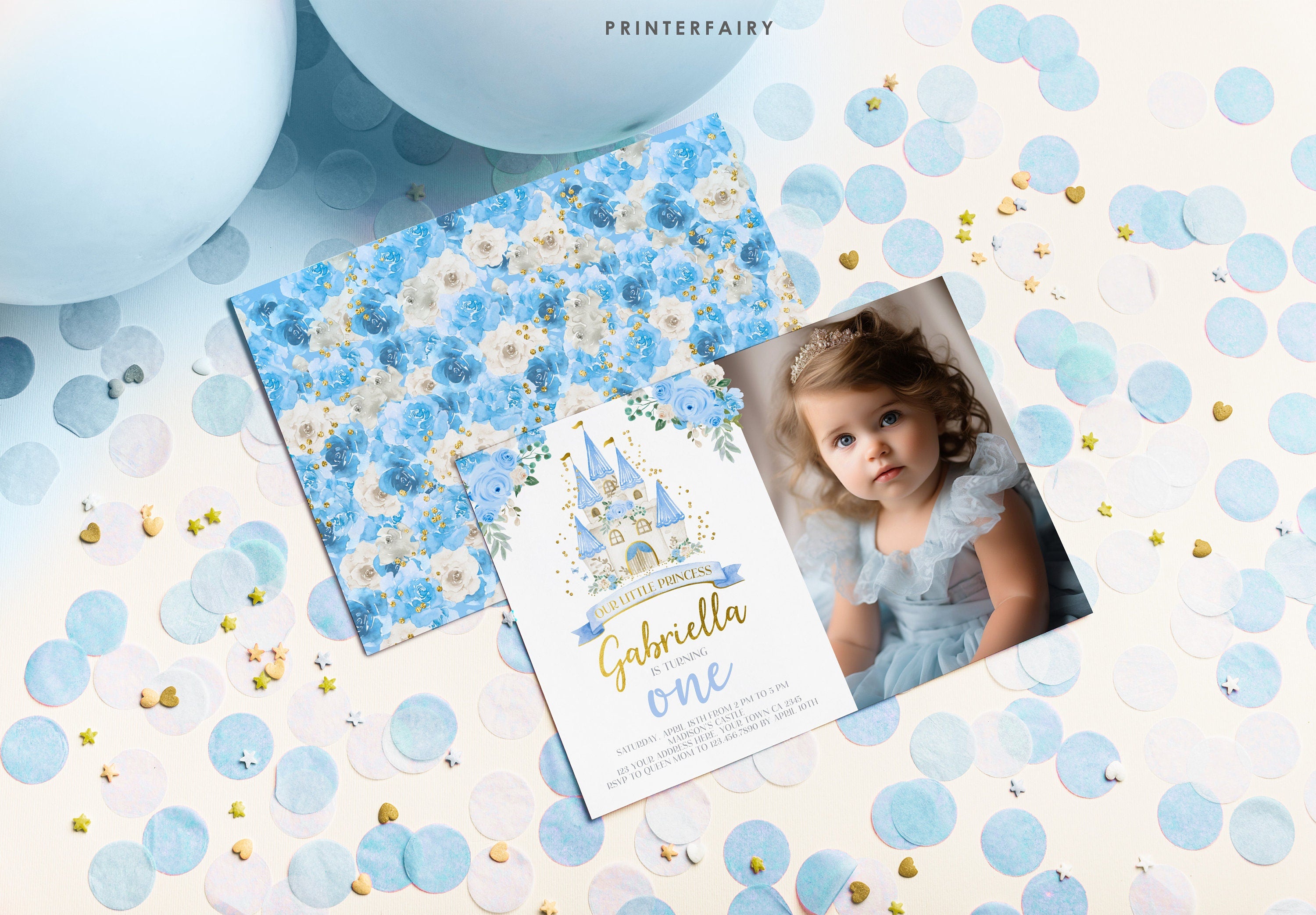 Blue Princess Castle First Birthday Photo Invitation (Editable in Corjl)