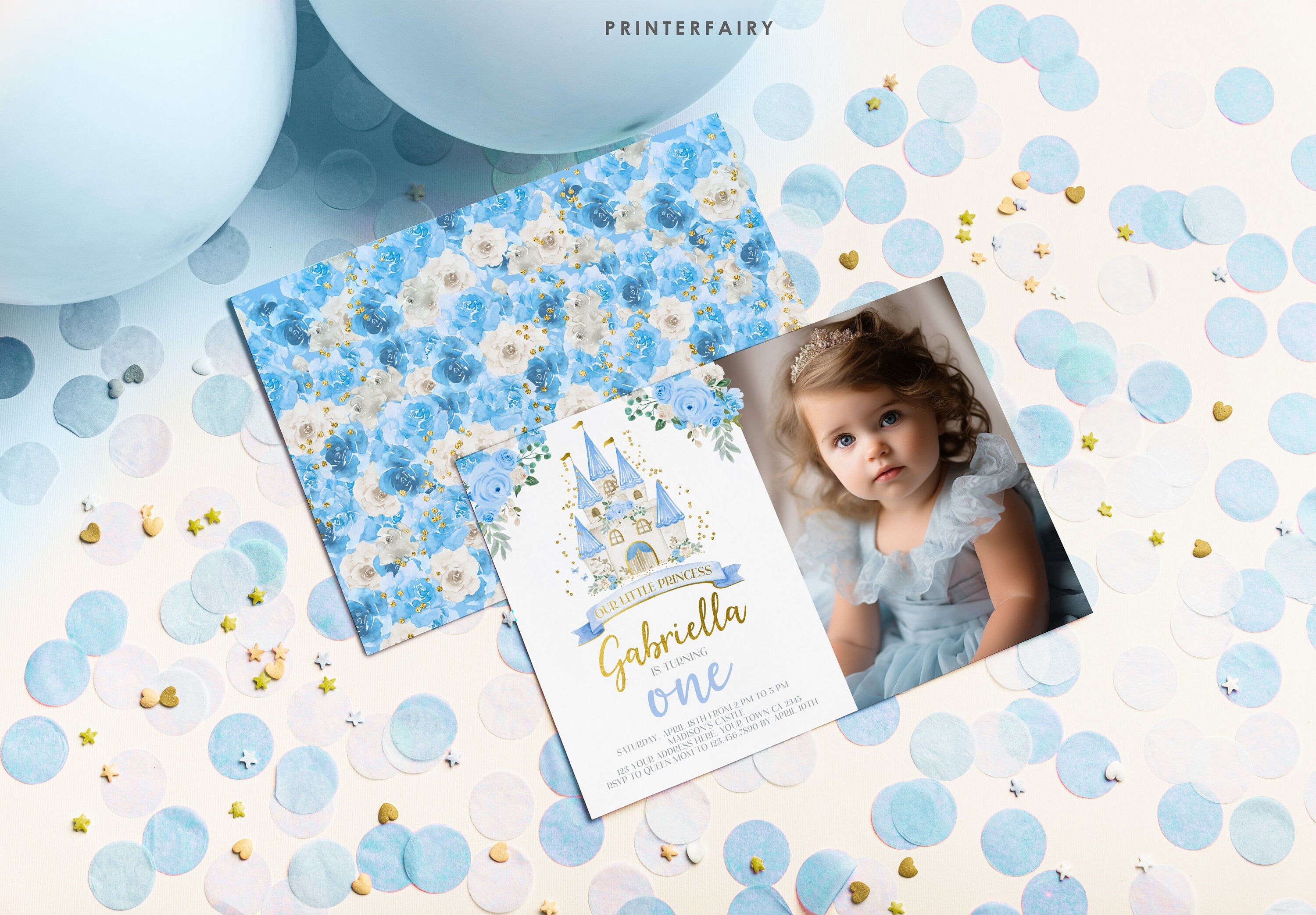 Blue Princess Castle First Birthday Photo Invitation (Editable in Corjl)