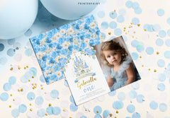 Blue Princess Castle First Birthday Photo Invitation (Editable in Corjl)