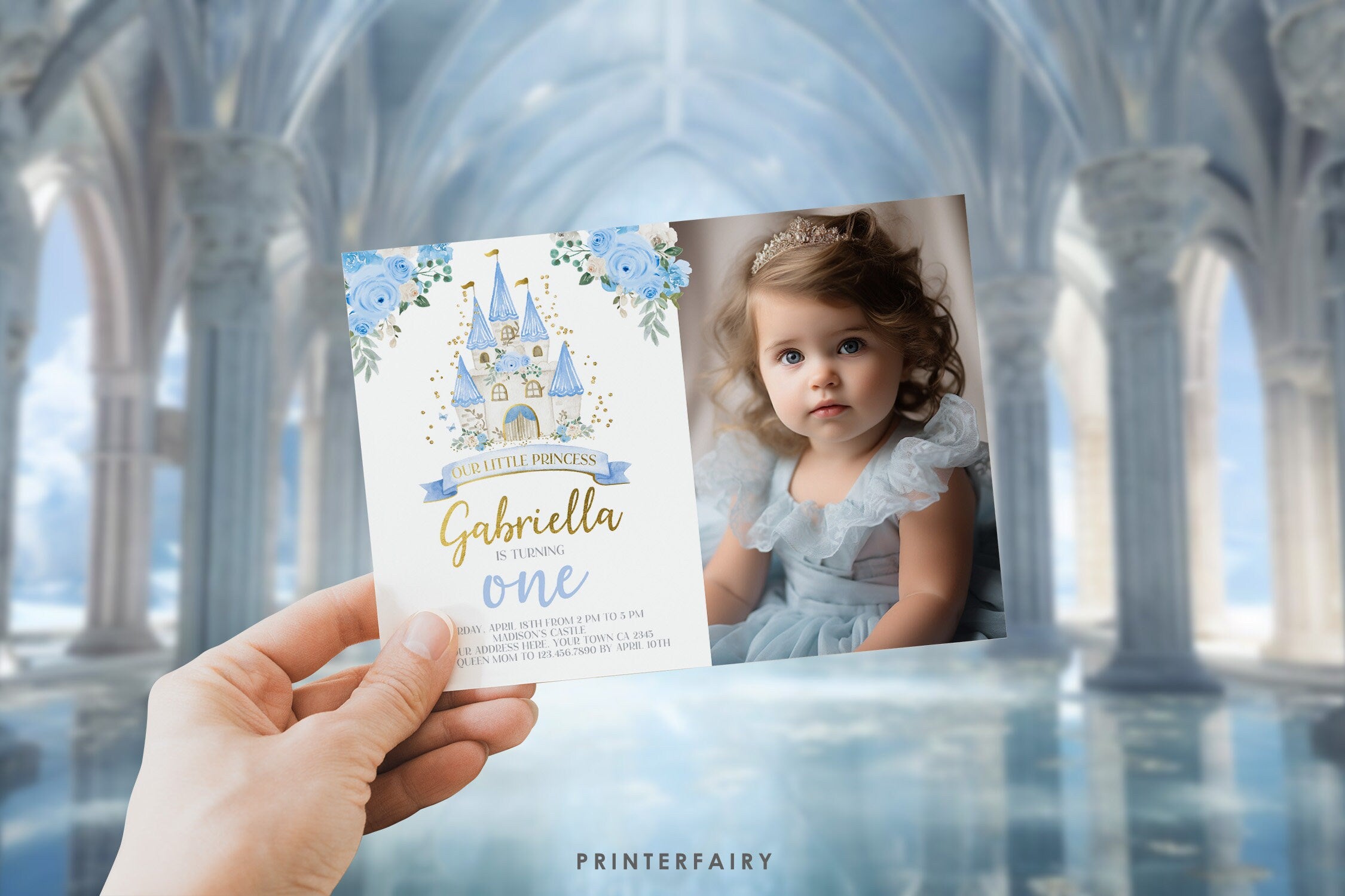 Blue Princess Castle First Birthday Photo Invitation (Editable in Corjl)