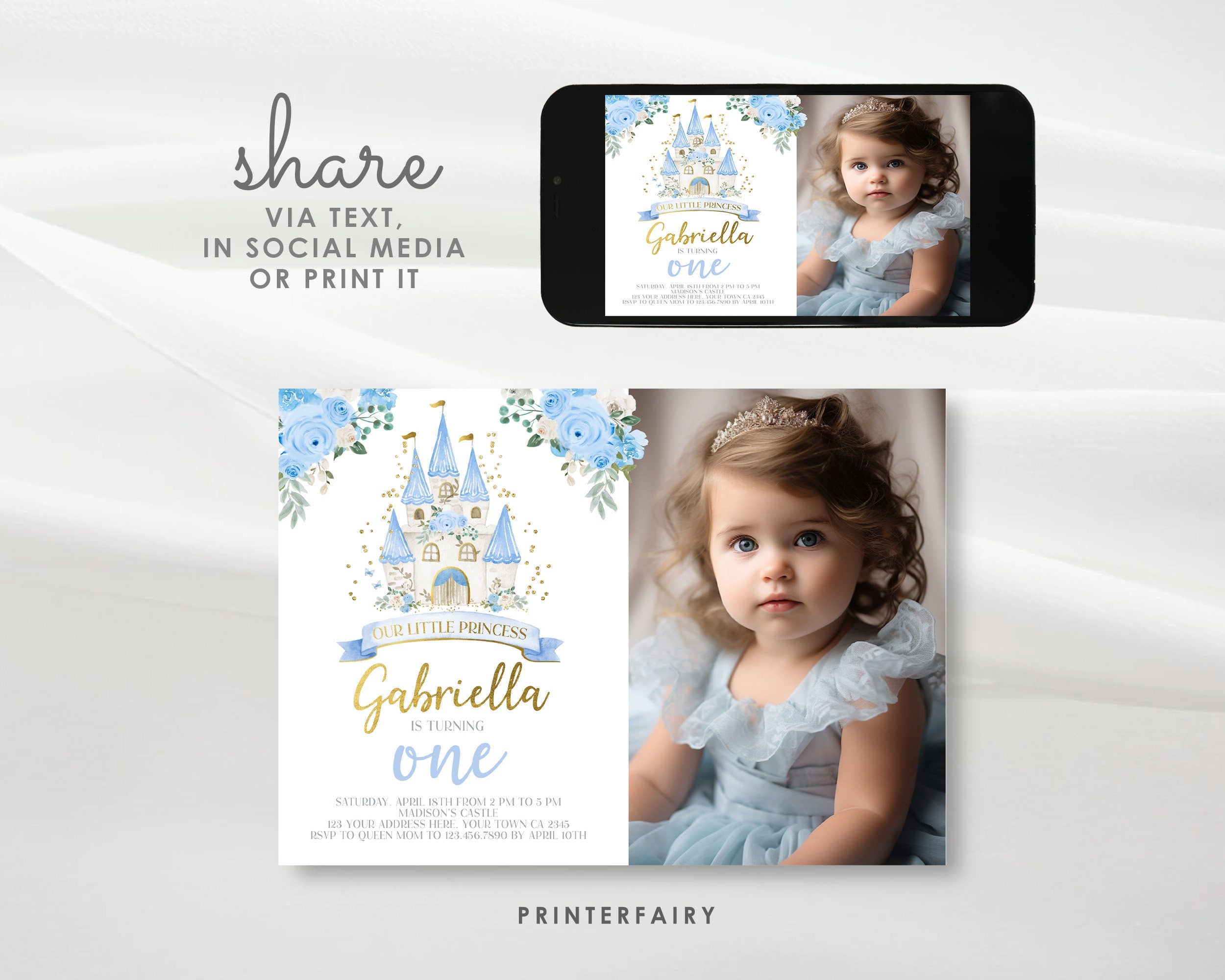 Blue Princess Castle First Birthday Photo Invitation (Editable in Corjl)